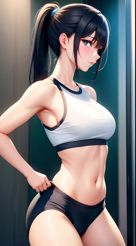 solo, 1girl, ponytail black hair, sparkling blue eyes, realistic, wearing black legging, 8k resolution, focused upper body shot, shot from side, standing, ultra-detailed, masterpiece, highest quality, pov, blush, at gym