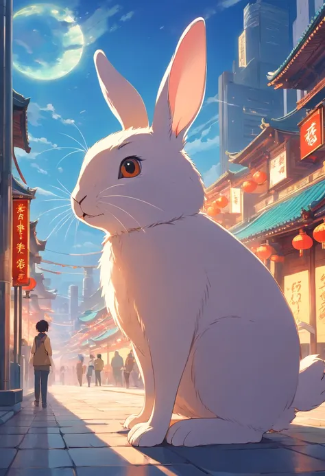 Chinese rabbit on Changan City, Art Nouveau style illustration, Detailed sky, chinapunk, Explanatory narrative, solarizing master, quito school, Visual poetry