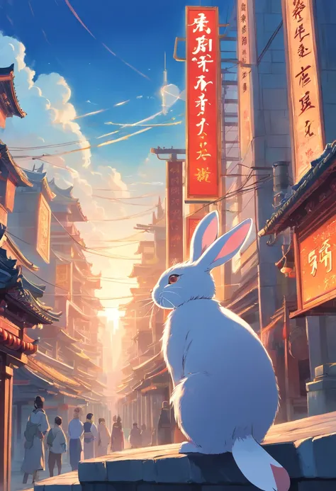 Chinese rabbit on Changan City, Art Nouveau style illustration, Detailed sky, chinapunk, Explanatory narrative, solarizing master, quito school, Visual poetry