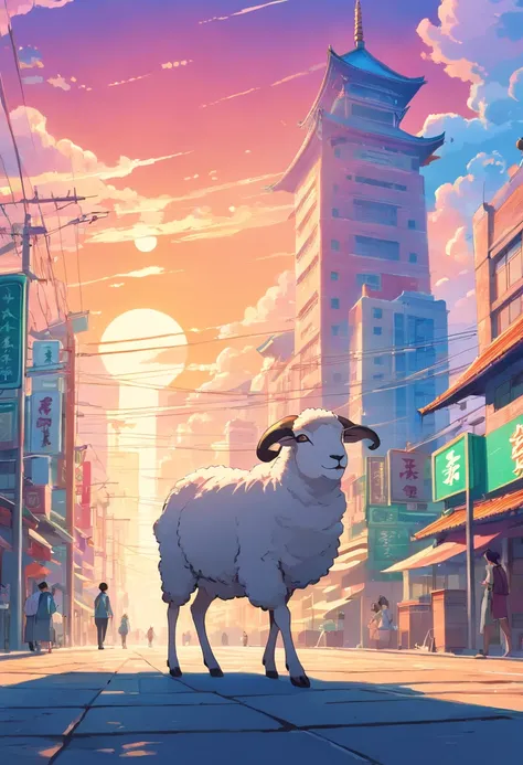 Chinese sheep on Changan City, Art Nouveau style illustration, Detailed sky, chinapunk, Explanatory narrative, solarizing master, quito school, Visual poetry