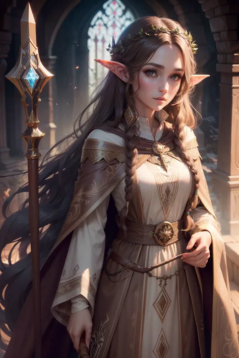 (best quality,ultra-detailed),beautiful detalied magic elven girl,25 years old,long wavy brown hair, wearing wizard cloak and long dress, light color palette, wooden staff