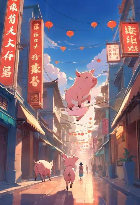 Chinese pigs on Changan City, Art Nouveau style illustration, Detailed sky, chinapunk, Explanatory narrative, solarizing master, quito school, Visual poetry