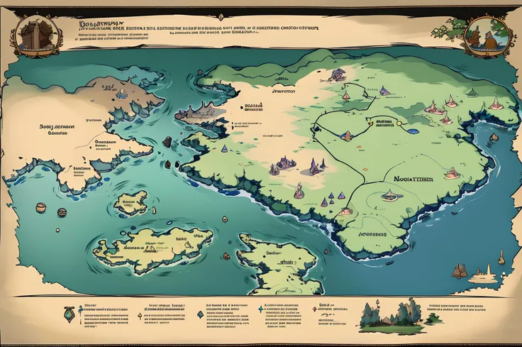 Map of the continent of Varant，In the middle of the map are hills，To the north of the map is the highlands，To the south is a basin with many lakes，To the west is the desert，To the east is the plain，There are many rivers，Surrounded by the sea，Ideate art ,fa...