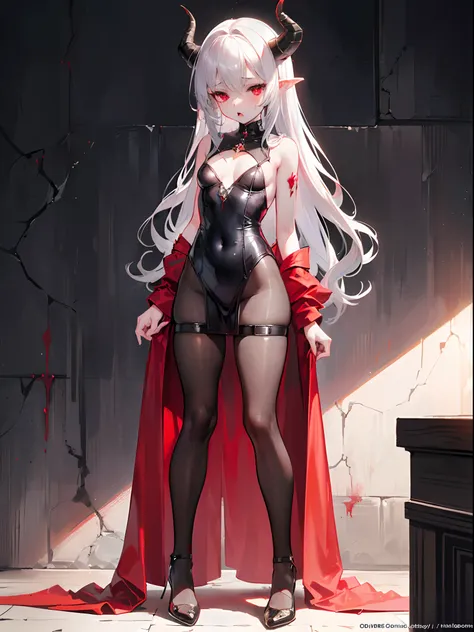 beautiful longhaired beautiful elegant and dominating and sexy succubus, full one piece dress, adult figure, petite body, ((very small breasts)), ((((only thigh to head shot)))), ((medieval nobles residence)), succubus horns, pointed succubus ears, blood r...