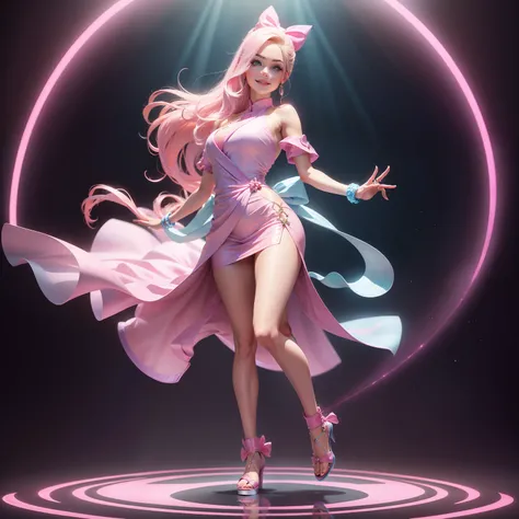 Barbie, ((Full body)), Blue eyes, Smiling face, Hair loss swaying in the wind, Hip Hop Singer Pose, Dressed in hip-hop style, Wearing a pink judogi that reflects light like a mirror ball glowing in sequins, With a pink bow on the arm, Fashion, Extremely hi...