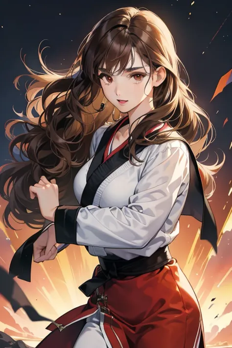 Masterpiece, best quality, anime, 1woman, quiet, calm and pretty young woman, 16 years old, ((close mouth)), extremely detailed, a little distance, ((dark brown eyes)), ((wavy with bang brunette hair)), ((martial art))