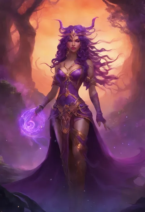 Portrait, Concept art, Character design, Highly detailed, High Quality, Color diffusion, close-up shot, Demonic Creature, Interdimensional creature, female creature, dark purple Human skin, tentacle hair, dreadlocks, Purple eyes, Sexy Villainess, Seductive...