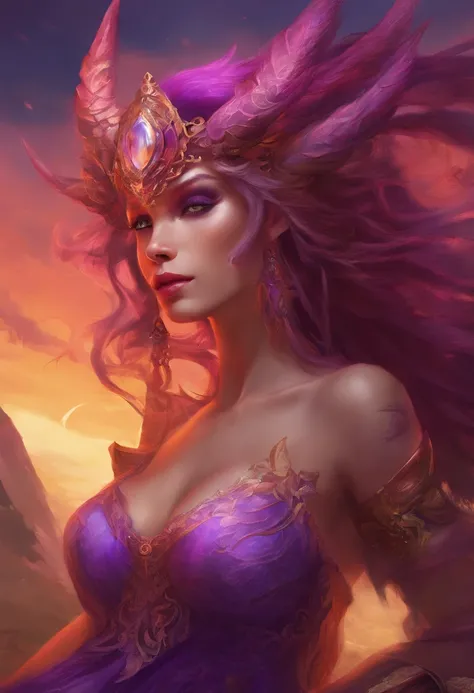 Portrait, Concept art, Character design, Highly detailed, High Quality, Color diffusion, close-up shot, Demonic Creature, Interdimensional creature, female creature, dark purple Human skin, tentacle hair, dreadlocks, Purple eyes, Sexy Villainess, Seductive...