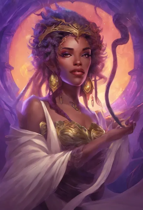 Portrait, Concept art, Character design, Highly detailed, High Quality, Color diffusion, close-up shot, Demonic Creature, Interdimensional creature, female creature, dark purple Human skin, tentacle hair, dreadlocks, Purple eyes, Sexy Villainess, Seductive...