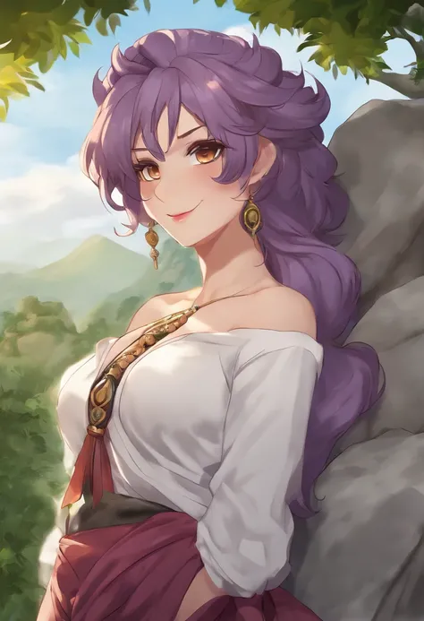 best quality, masterpiece, (leaning over:1.4), 1girl, yuzuriha_(jigokuraku), purple hair, brown eyes, ninja, open clothes, cleavage, small breasts, topknot, medium hair, breasts apart, seductive smile, pants, undressing, (blush:1.1), japanese ext,In the im...