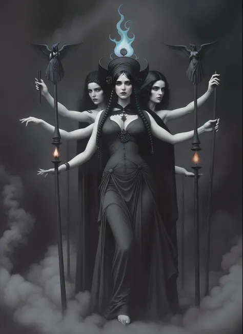 imagen de arafed de una mujer con cuatro manos y mucho humo, hecate, hecate goddess, tom bagshaw artstyle, artstyle tom bagshaw,...