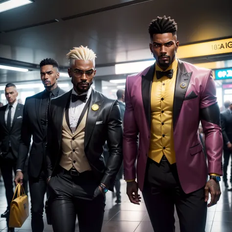 Id like a cyberpunk style image in 4k average photo of three black characters ,40 anos de idade,,africano, forte, musculoso, de pele negra ,barba grande,barba, Estiloso Barbon,com cabelo punk estilo anos 80 na cor amarelo e cinza escuro,muito eLegante,, fu...