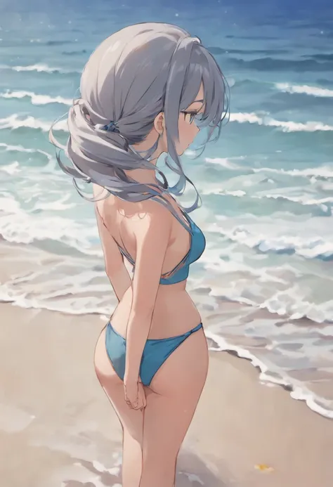 The sea Gray color Wave beach Character adult girl Pure girl Close-up back Facing the beach Clothes are bare back black buttocks Light and dark Detailed Ponytail hair Take photos Near big far small Contrast height