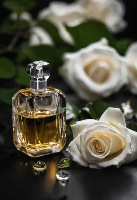 Product photography of perfumes , On the black table, water dripping, Convey American feelings, Dripping water, diffuselighting, Surrounded by white rose leaves, Product photography