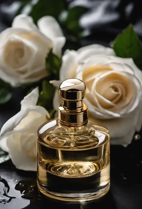 Product photography of perfumes , On the black table, water dripping, Convey American feelings, Dripping water, diffuselighting, Surrounded by white rose leaves, Product photography