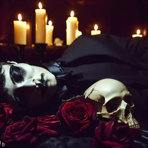 realistic photo of a young gothic man lying on his side, face toward camera, lying on a bed of roses with eyes closed, wearing a black tuxedo, (( a human skull sits next to him )), + ( highly detailed face and hands ), dark room with candlelight in backgro...