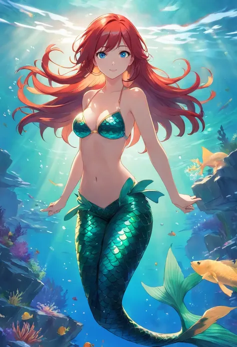 mermaid, red hair, long hair, blue eyes, large breasts,