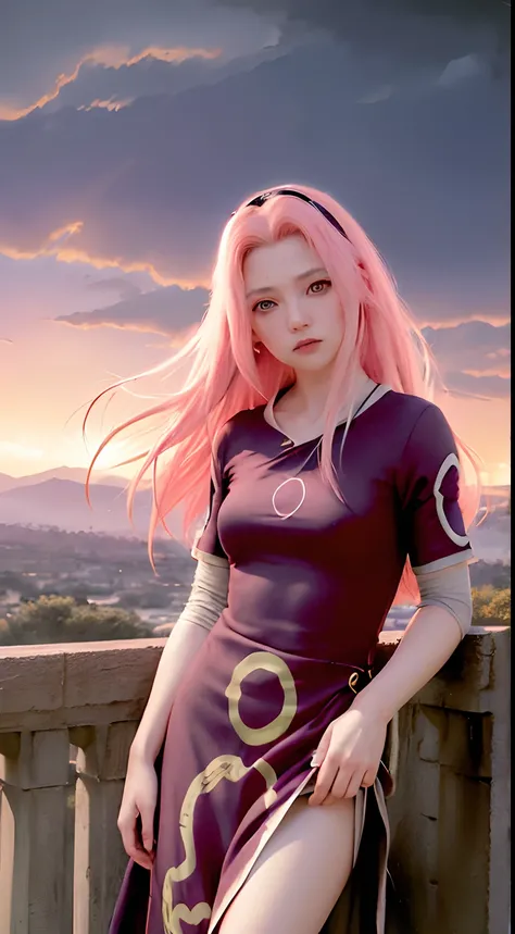 ((best quality)), ((masterpiece)), (detailed),  girl,haruno sakura, pink hair, long hair, green eyes, (fantasy illustration:1.3), enchanting gaze, captivating pose, mystical sky, (Luis Royo:1.2), (Yoshitaka Amano:1.1), moonlit night, soft colors, (detailed...