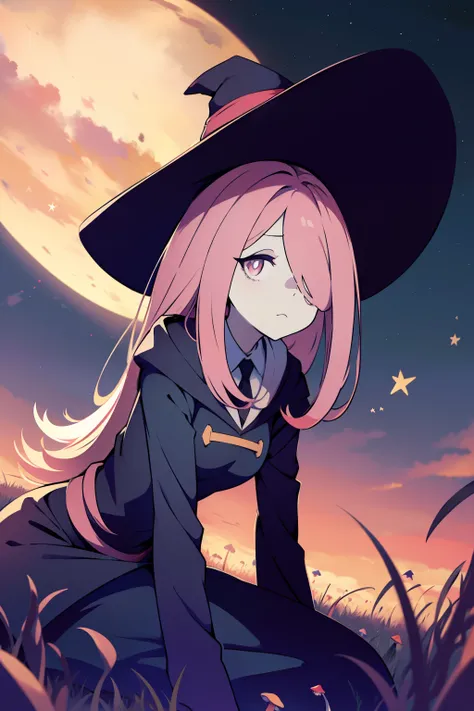 masterpiece,best quality,high quality, best quality, 4k,8k,Sucy Manbavaran, witch hat, dull pink hair, night sky, stars, hair over eye, illustration,anime style, pale skin, droopy eyes, sleepy expression, curvy, sitting on rock, field of mushrooms, hands a...