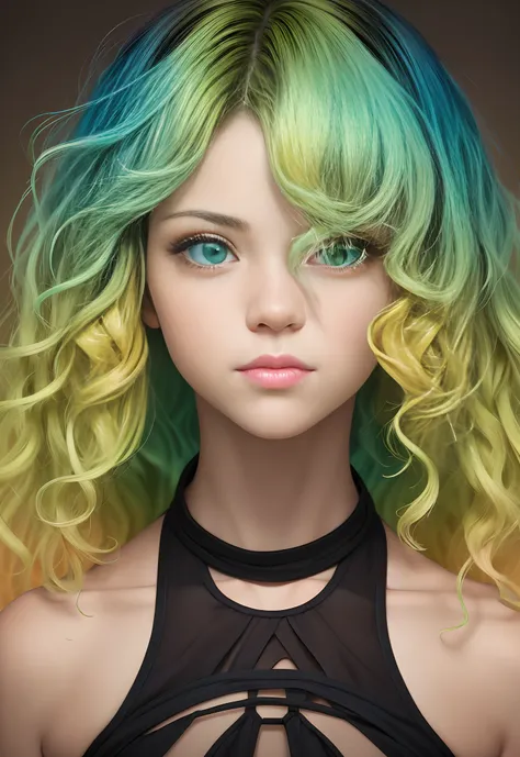 1girl in, Solo, Solo Focus, Portrait, Half Aqua, Half Green, ((Brown hair)), (Yellow hair), (Gradient Hair :1.5), Curly hair, ((Pink eyes)), ultradetailed eyes, asa, (Caramel black skin:1.1), Best Quality, Ultra-detailed,