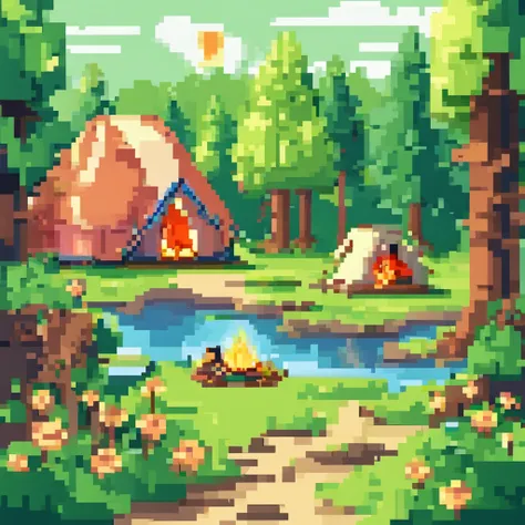 Camping in the wild forest in spring, With tent, lamp lights, Sunny, pastelcolor, High brightness, Low saturation, Pixel art