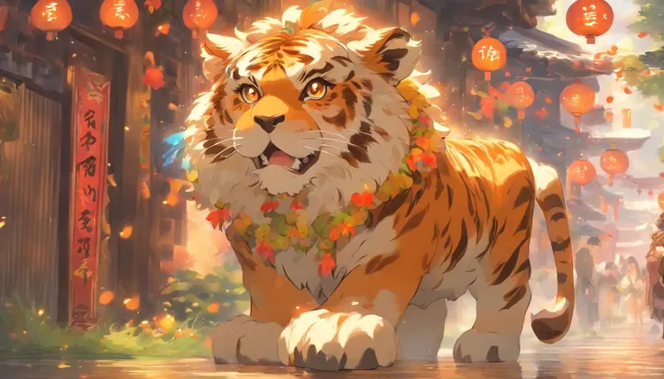 Zodiac Tiger A fluffy cow, ,Big eyes, Dress up in festive costumes, Standing on the side of the street, Ancient style, Artistic touch，Snes painting