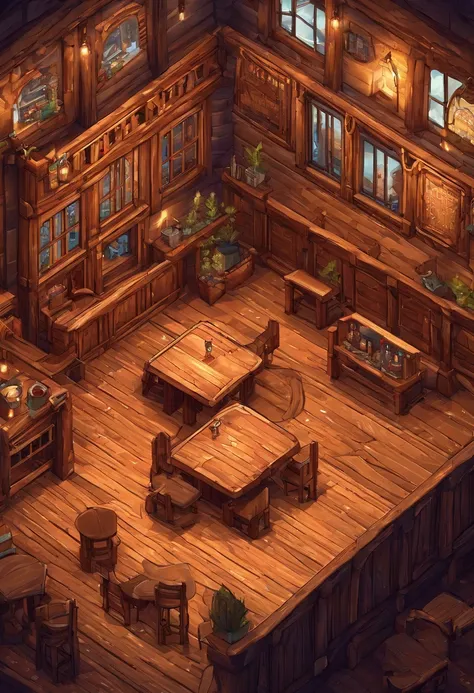 absurderes, Best Quality, Fantasy, Isometric, Knoling style (Inside a miniature wooden pub:1.2), wood, a chair,table,Duplex,Tavern,stairs,A table, (Simple background:1.2)