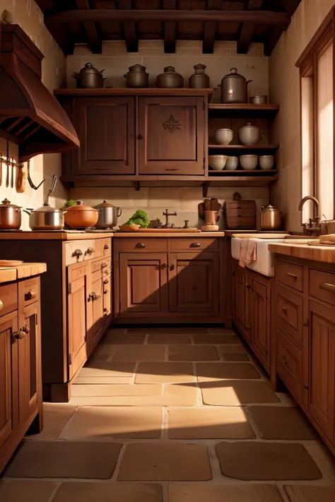 An aged kitchen with a rustic charm, where a grandmother prepares a traditional family recipe.