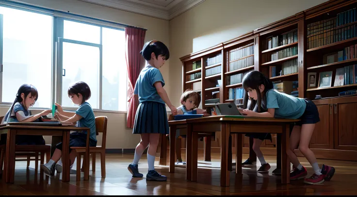 Children playing in the school library,  8K, hyper HD, severe low lighting, high high quality, foco nítido, Fujifilm XT3