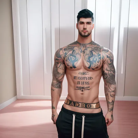 Man with tattoos and pink sweatpants standing in a room, corpo inteiro, Prefeito, inspirado em Ludovit Fulla, pose de bolo de carne, corpo inteiro! injection, sem capuz | | sombreado realista, corpo masculino, corpo inteiro!!!, cheio_corpo!!, Garoto mau, c...