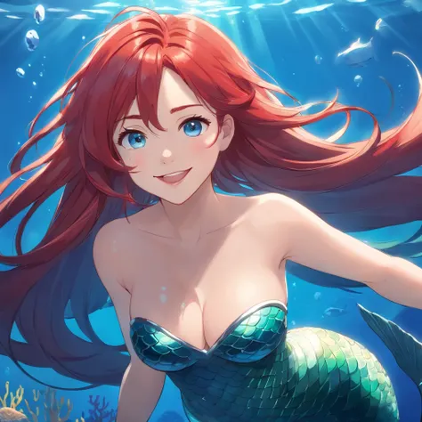 mermaid, red hair, long hair, blue eyes, large breasts, full body, underwater, smile, red lips,