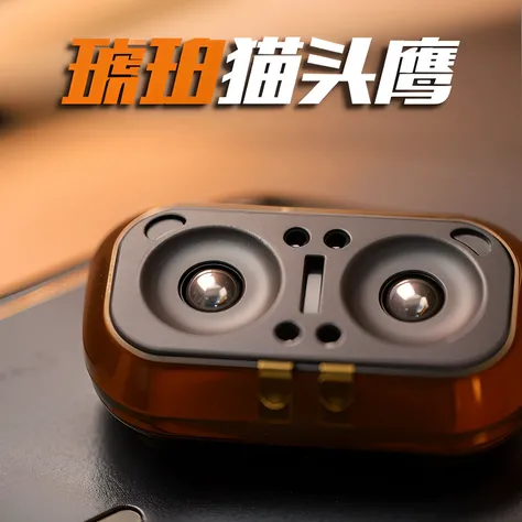 There is an owl with two silver eyes, Wang Chen, bottom - view, bottom angles, high fov, orange metal ears, wide fov, RB6S), Master shots, product introduction photos, small gadget, product introduction photos, - h 8 5 0 - w 6 0 0