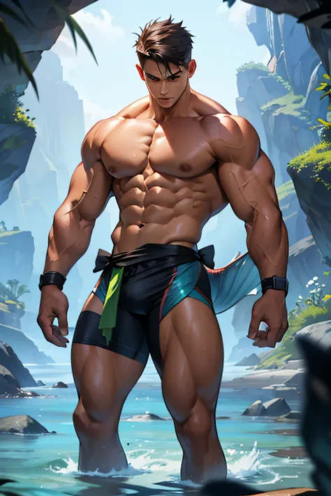 Height 185 cm, the optimal height, tight clothing, body full of muscles; ripped abs, V-shaped body, mermaid line, thick waist, long legs, strong arms.