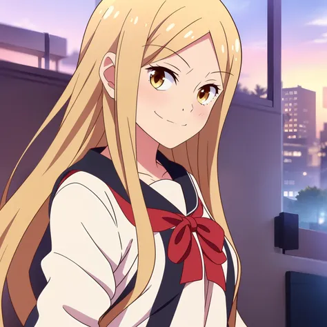 （tmasterpiece、Need、ultra-delicate、A high resolution），female focus，Long blonde hair，elementary student，Emoji smile，（Japanese-style school uniform），Small riverside，background detail，(((solo)))