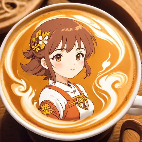 A coffee contains some artistic coffee latte art, girl, in the style of ethereal figures, orient - inspired, avocadopunk, sculpted, kubisi art, avian - themed, carrie mae weems