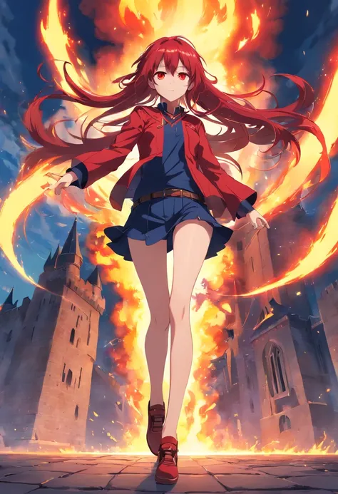 Red colored eyes，Red long-haired，Western fantasy，magia，Castle Fantasy，Black and yellow clothes，beautiful legs，Activating Fire Magic, castle，hair adornments