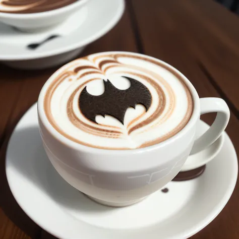 A latte with, best quality, chocolate bat foam, cute white cup, hyper-detailed, focus on latte with pattern of batman logo, intricate newspaper background