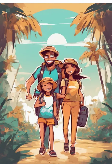 a family in cartoon style carrying backpacks on a vacation with happy smiles, palm trees, front view, all white background, streetwear design, pro vector, all cut sticker, full design, 8 colors only, solid colors, no shadows, full design, warm colors, stic...