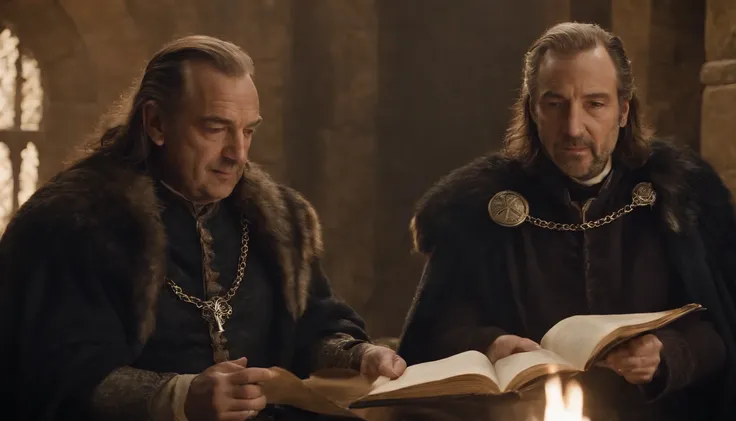 Image of three man in three crown reading a book, biblical epic movie, Velho Rei Medieval, ainda de um filme de fantasia, Reis antigos em vestes brancas, Reis Cruzados 3, de warcraft, assistente senta-se lendo em uma mesa, Tuomas Korpi e Wlop, Tolkien e Mi...