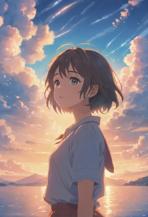 masterpiece, best quality, movie still, 1girl, cloud girl, floating in the sky, close-up, bright, happy, warm soft lighting, sunset, (sparks:0.7)