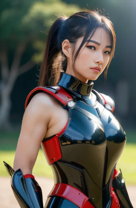 (masterpiece, top-quality:1.3), (Ultra detailed 8K cg:1.2), (hyper realisitic:1.35), (Photorealistic:1.45), (Realistic:1.4), 1 beautiful Japanese girl, fair skin, shiny skin, (ponytail:1.1), (Tanned skin:1.3), (gal make:1.2), black gal, ((Japan red and bla...