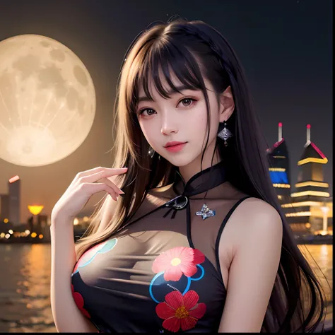 Asian woman in arafe in black dress posing in front of full moon, Trending on CGSTATION, trending at cgstation, Chinese girl, goddess of Japan, Anime girl cosplay, Cheongsam, Middle Metaverse, gorgeous chinese model, by Yang J, Chinese Woman, lunar themed ...