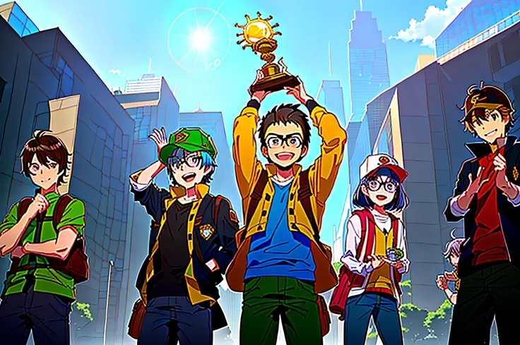 large panorama，City treasure hunters hold the trophy high in their chests，Very happy，group portraits，and the sun was shining brightly，Handsome face，Wear adventure clothing，Q version characters，Akira Toriyama，A beautiful illustration