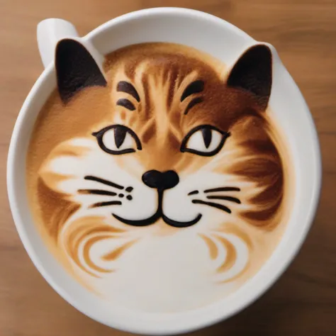 Cafe Latte、Latte art、(Expressing a cats face with latte cream)、Masterpiece、realisitic