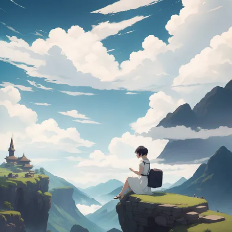 Short haired woman sitting on the mountains, ross tran. scenery background, Estilo de Raphael Lacoste, beautiful concept art, floating lands in-clouds, by Yang J, author：Raphael Lacoste, beautiful anime scenes, ross tran and michael whelan, By Li Song, ani...