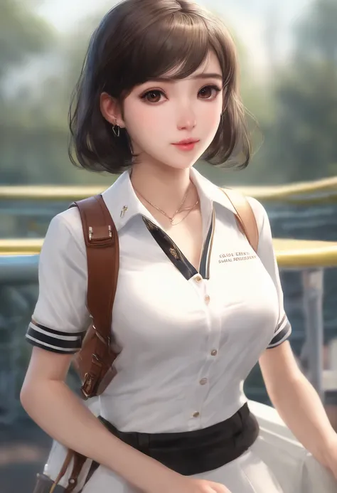 1girl, solo, white polo shirt, white sneakers, tennis wear, white miniskirt, masterpiece, best quality, realistic, hyper-detailed, (shiny skin, sweaty:1.4), absurd, looking at viewer, short black hair, brown eyes, slender, dynamic lighting, high resolution...