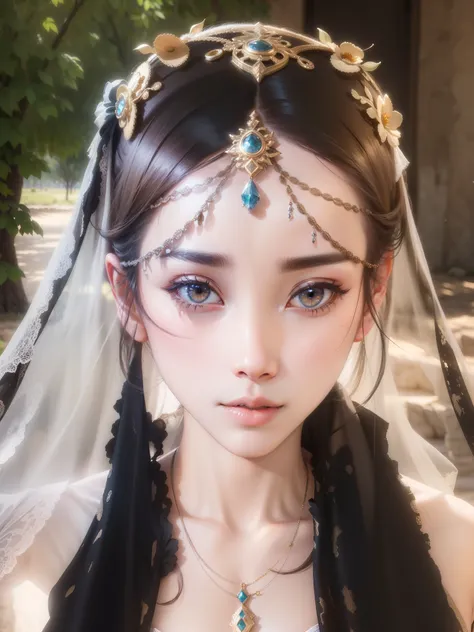 (8k, RAW photo, best quality, tmasterpiece:1.2), (realistic, photo-realistic:1.4), (Extremely detailed CG unity 8k wallpaper), （1 girl：1.5）,Beauty of the Western Regions，（white  clothes：1.4），There are red spots on the forehead，Pale skin，Blushlush，Big eyes ...