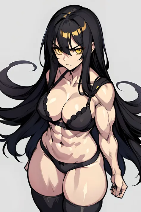 1 girl, solo, black hair, yellow eyes, extremely long hair, ((muscular)), thick thighs, large breasts, angry, pale skin, abs, navel, (bra and panties), from above