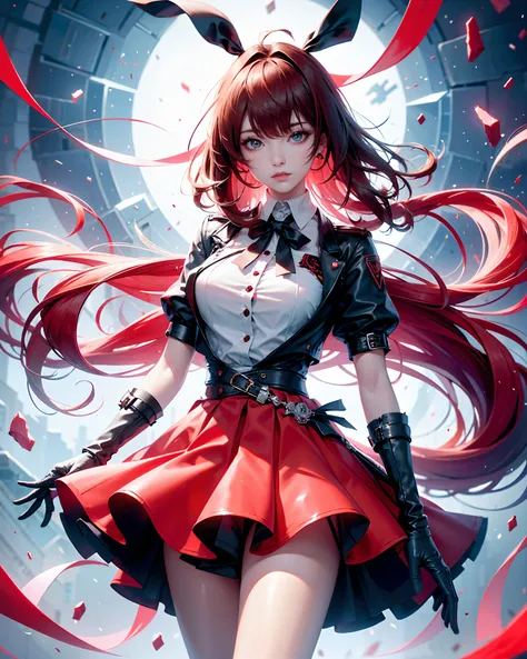 masterpiece, highres, high quality, extremly detailed, red miniskirt, black ribbon, white shirt,