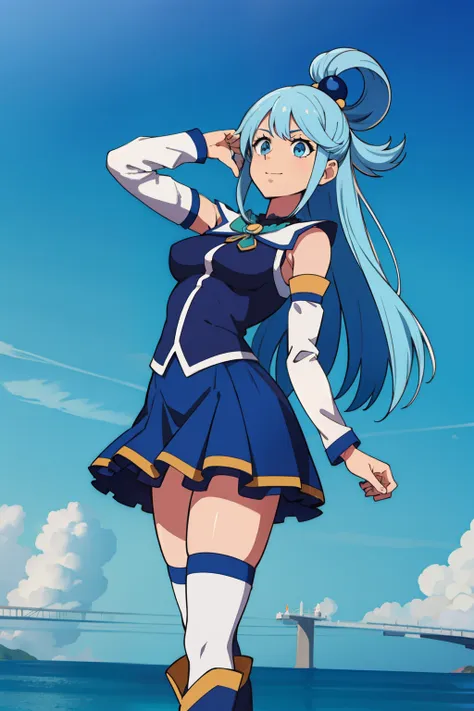 (obra maestra, vibrante, detallado, highres) aqua \(konosuba\) ojos azules, calzado azul, cabello azul, muslos azules, botas, pe...